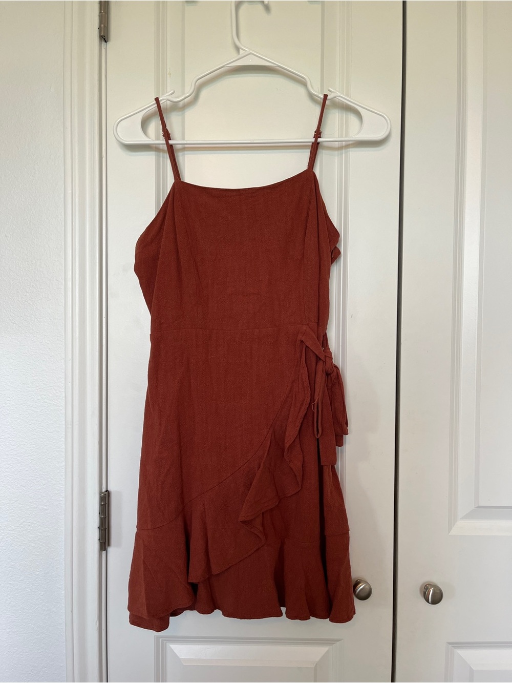 Altar'd State Rust Tie-Waist Ruffle Mini Dress